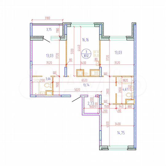 3-к. квартира, 85,5 м², 6/17 эт.