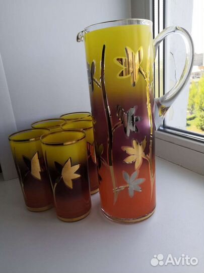 Кувшин и 6 стаканов из богемского стекла