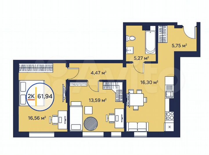 2-к. квартира, 62,1 м², 20/23 эт.