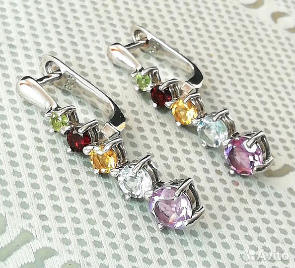 Серьги серебро аметист, цитрин, топаз, гранат С363
