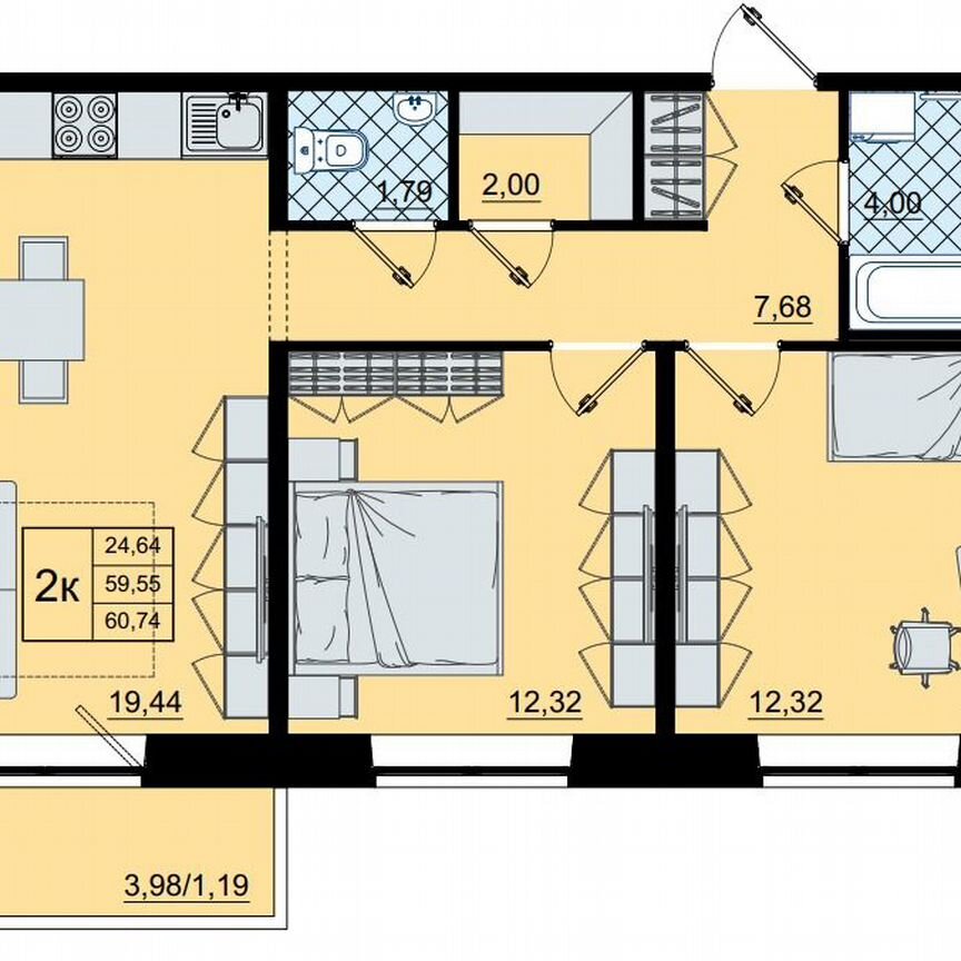 2-к. квартира, 60,7 м², 5/9 эт.