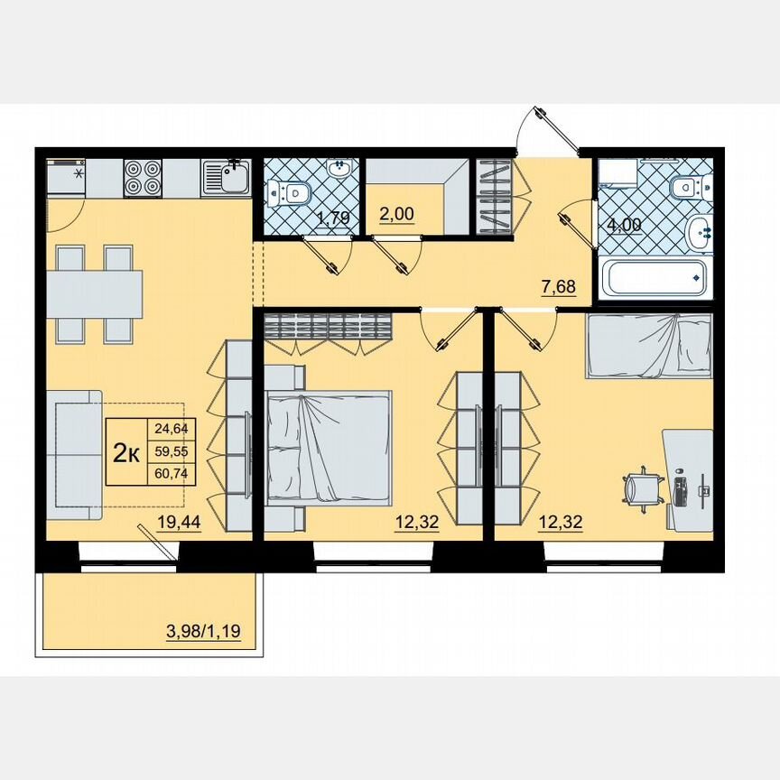 2-к. квартира, 60,7 м², 5/9 эт.