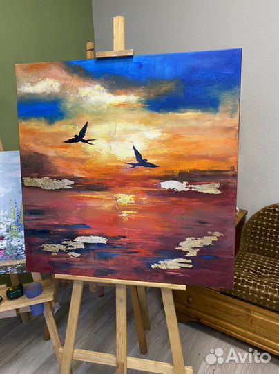Картина маслом с ласточками «Закат на озере»