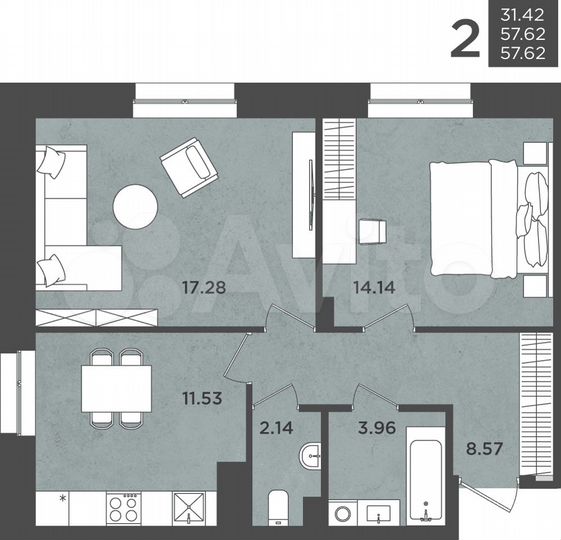 2-к. квартира, 57,6 м², 2/24 эт.
