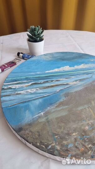 Картина маслом на круглом холсте морской пейзаж