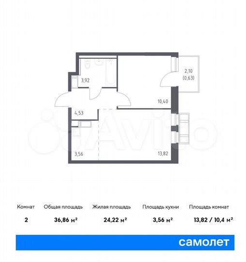 2-к. квартира, 36,9 м², 9/9 эт.