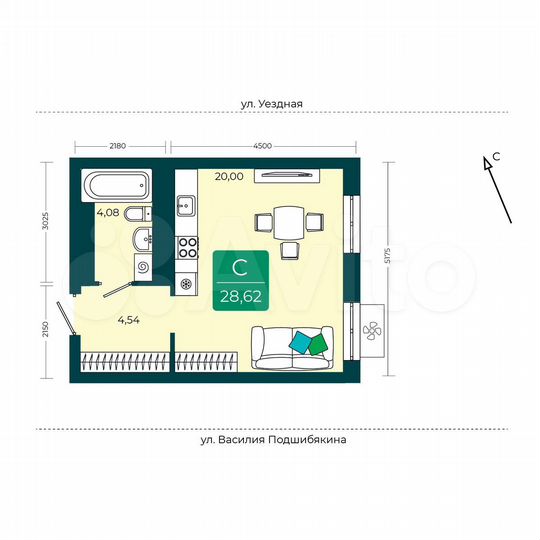Квартира-студия, 28,6 м², 2/17 эт.