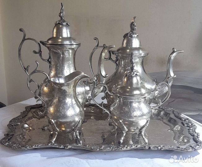 Чайно кофейный сервиз из латунный посеребренный