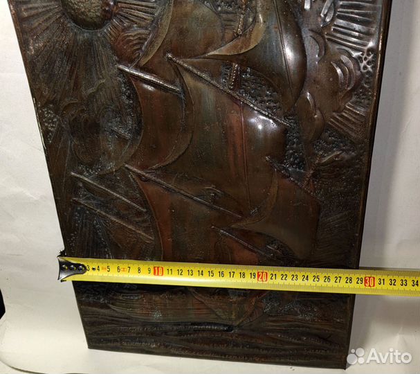 Чеканка медная панно 40х29 см картина СССР Корабль