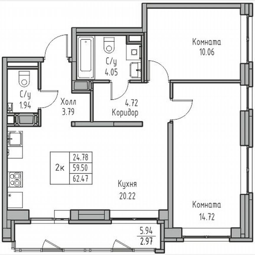 2-к. квартира, 62,5 м², 14/23 эт.