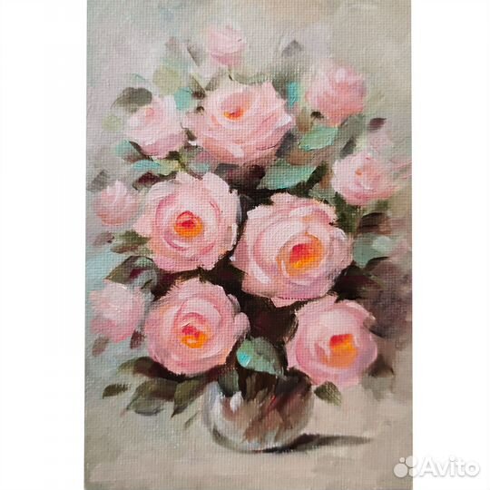 Картина холст, масло цветы Розы 10х15 рама