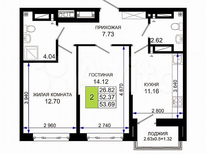 2-к. квартира, 53,7 м², 15/25 эт.