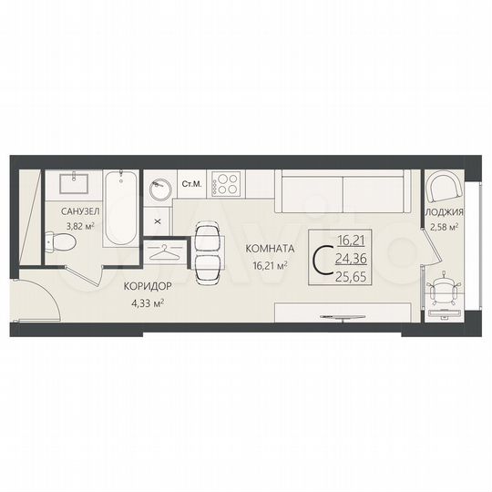 Квартира-студия, 25,7 м², 6/17 эт.