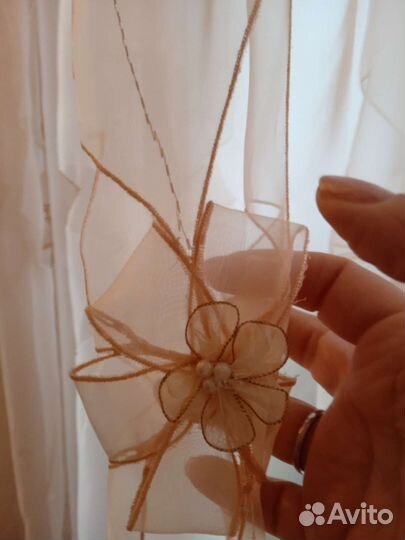 Шторы персиковые с цветами и жемчугом 8 м