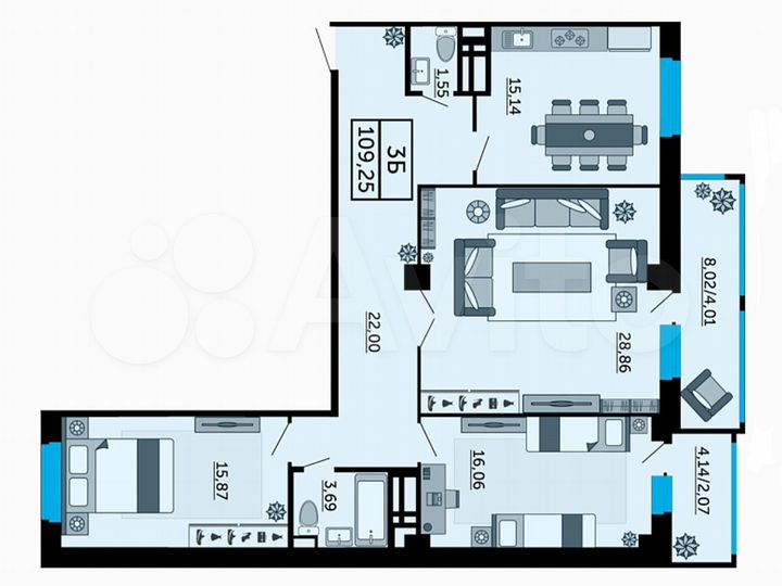 3-к. квартира, 109,3 м², 2/24 эт.