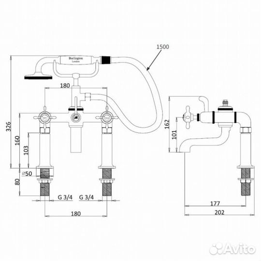Смеситель на ванны Burlington Guild GU422DC+GU001DC+GU002FC хром