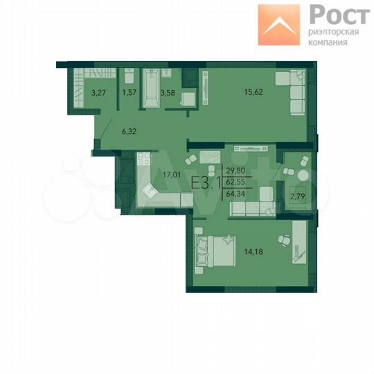 2-к. квартира, 64,3 м², 1/22 эт.