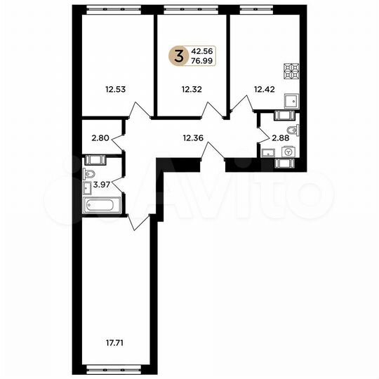 3-к. квартира, 77 м², 2/24 эт.