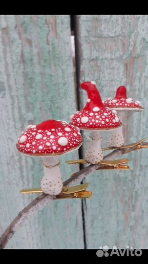 Елочная игрушка мухомор на прищепке