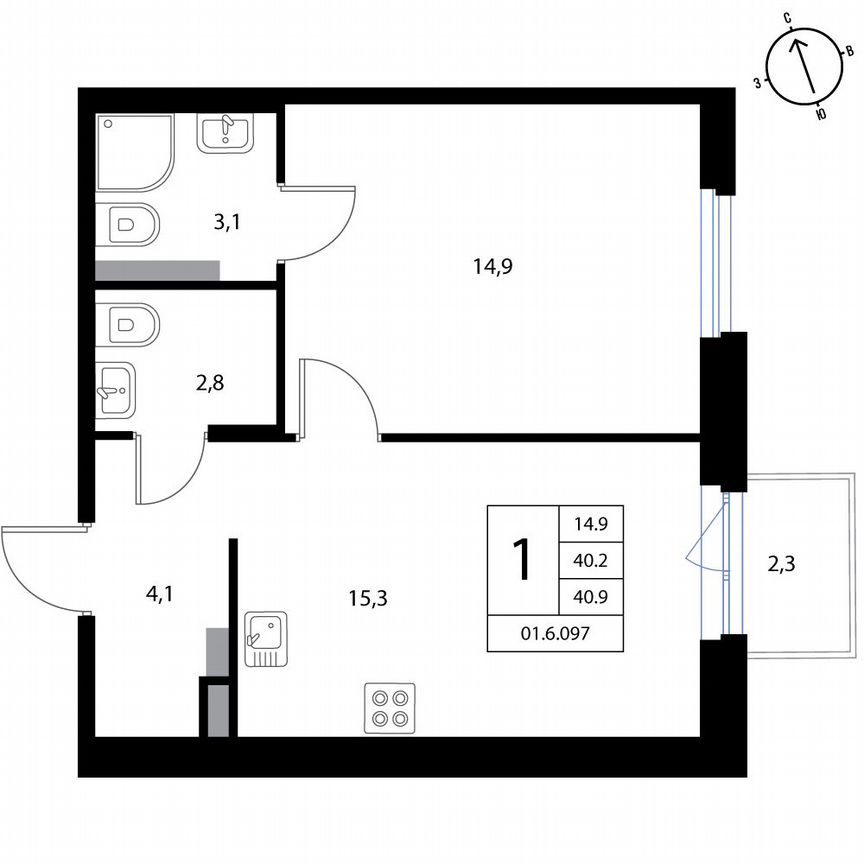1-к. квартира, 40,9 м², 2/3 эт.