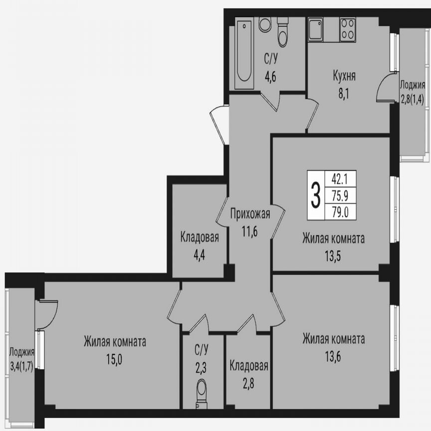 3-к. квартира, 82,6 м², 5/15 эт.