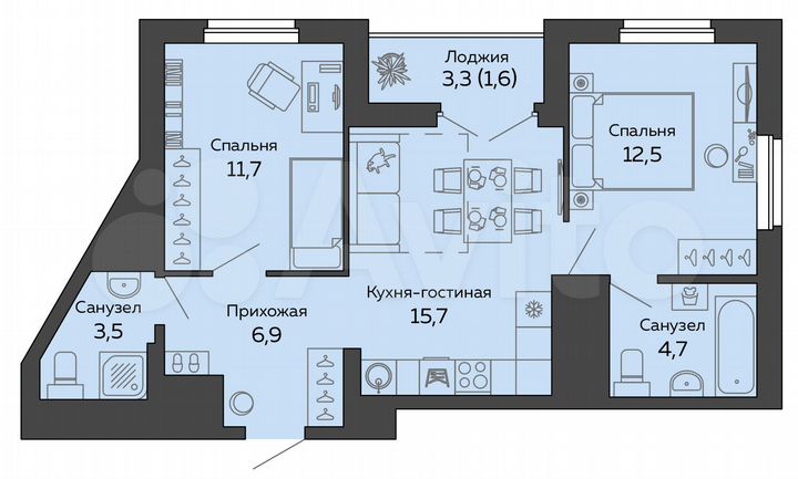 2-к. квартира, 56,5 м², 16/25 эт.