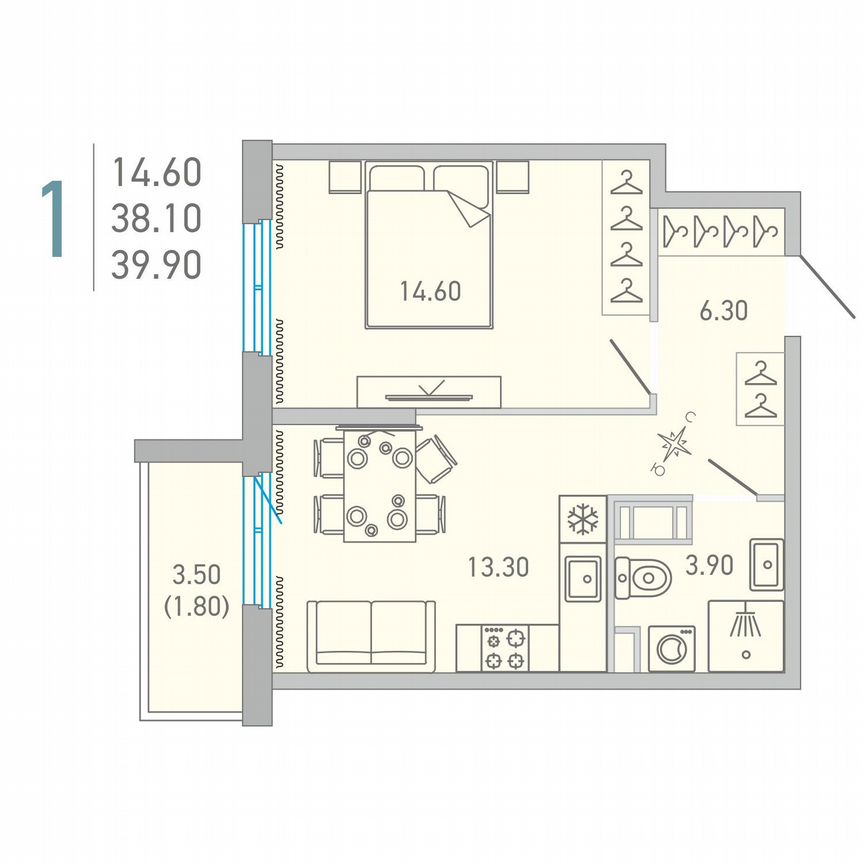 1-к. квартира, 39,9 м², 14/17 эт.