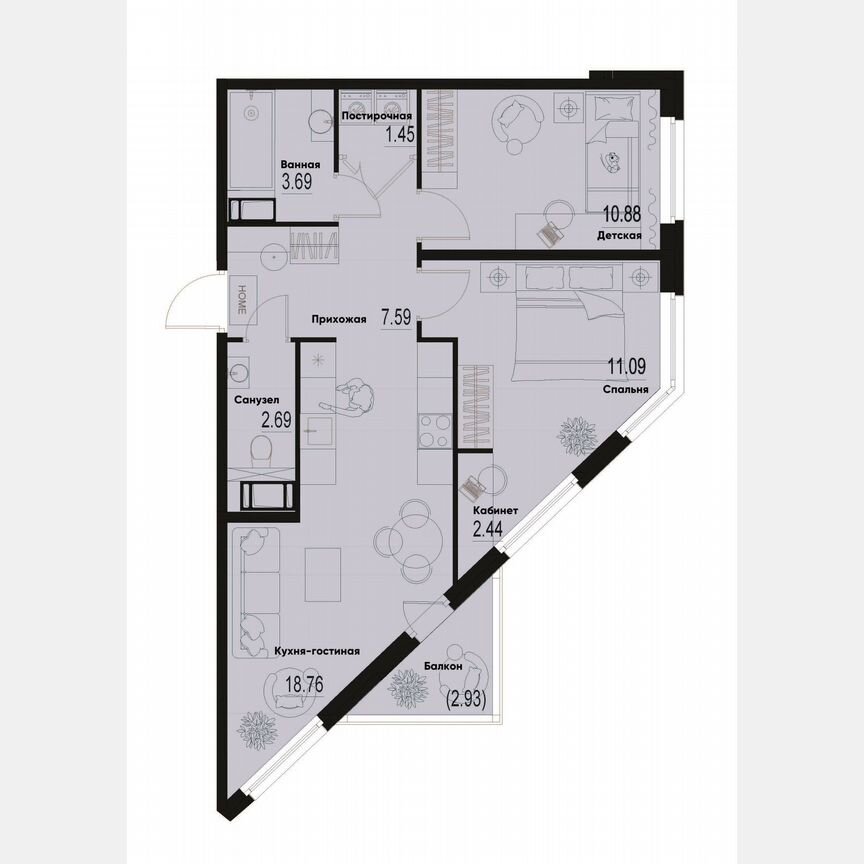2-к. квартира, 59,5 м², 10/12 эт.