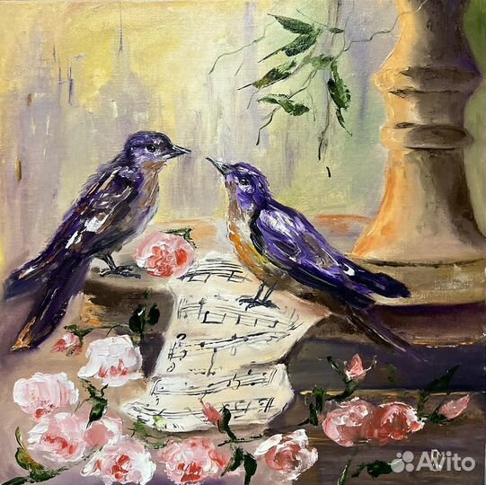 Картина папа птичек маслом холст на картоне