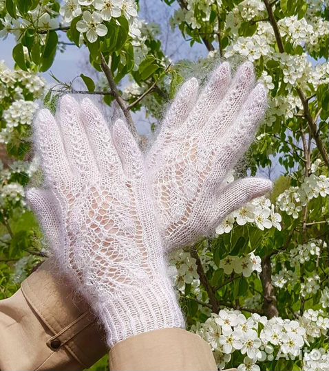 Перчатки белые ажурные вязаные из козьего пуха