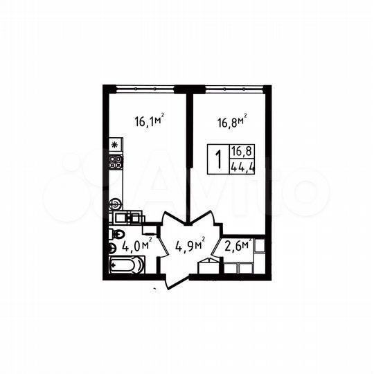 1-к. квартира, 44,4 м², 1/9 эт.