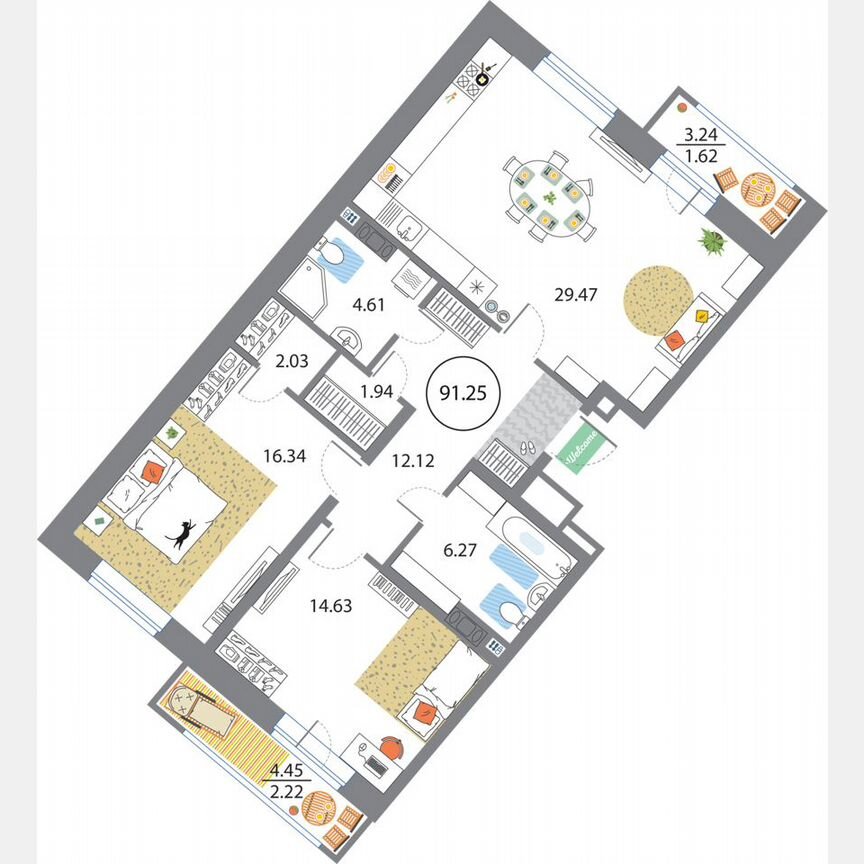 2-к. квартира, 91,3 м², 7/12 эт.