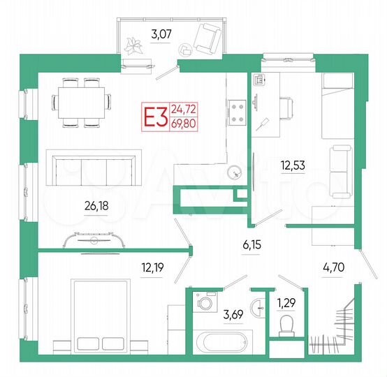 2-к. квартира, 69,8 м², 3/25 эт.