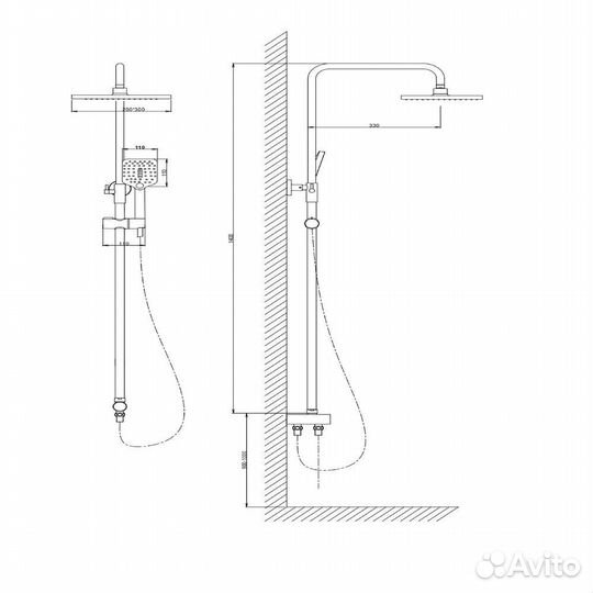 Душевой комплект Voda со шлангом 1500 мм с лейкой d110 мм со стойкой 1400 мм с верхним душем 200х300