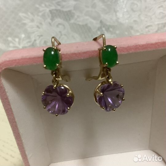 Серьги, желтое золото 585, аметисты, хризопразы