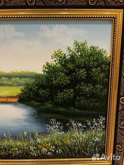 Картина масло холст пейзаж озеро пруд лето