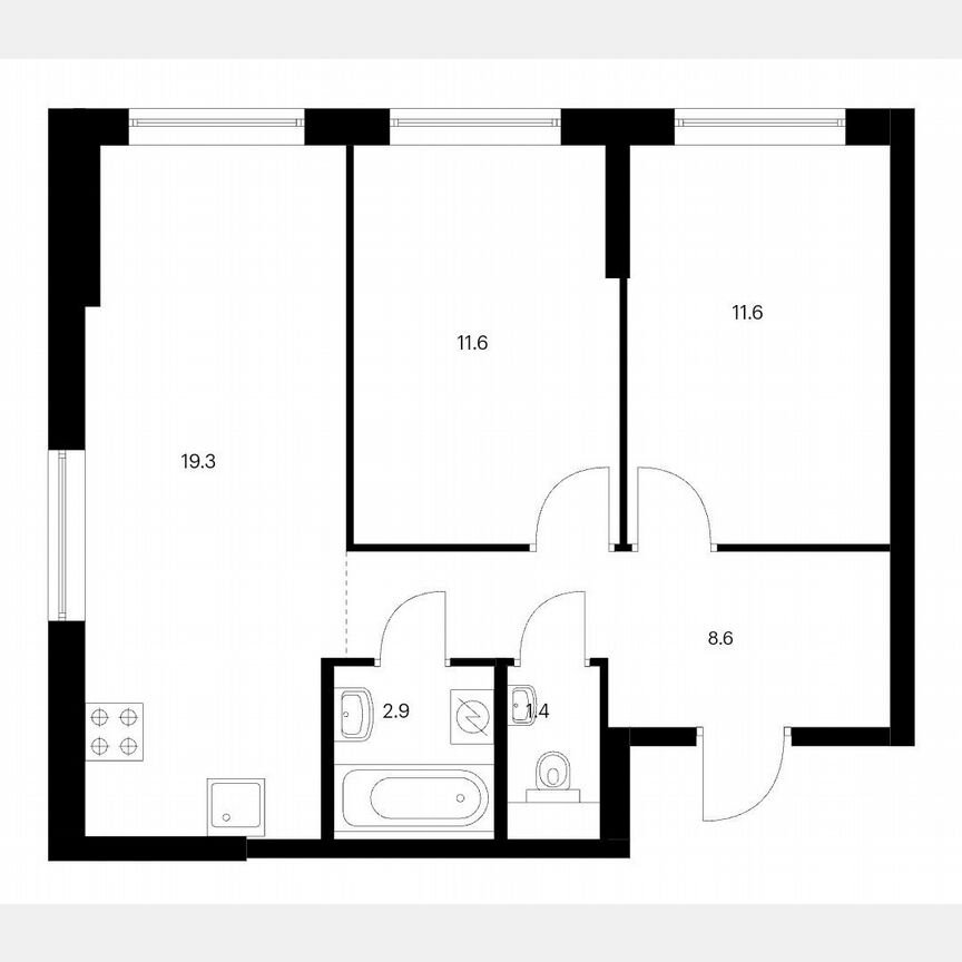 3-к. апартаменты, 55,4 м², 1/14 эт.
