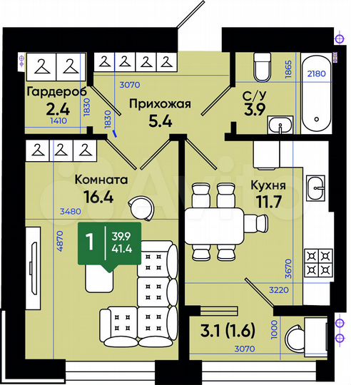 1-к. квартира, 41,4 м², 2/3 эт.