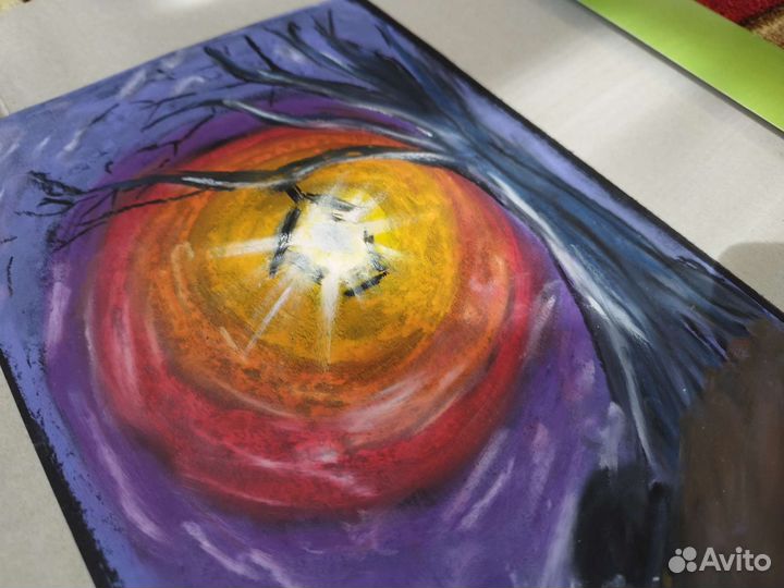 Картина масляной пастелью, фонарь ночью