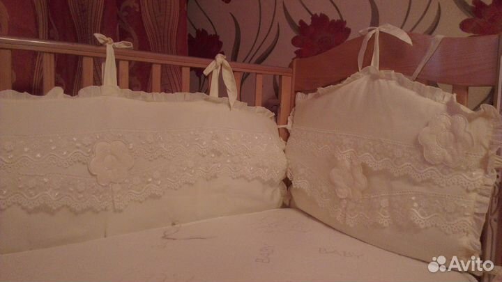 Бортики в кроватку с кружевом, балдахин(полный ком
