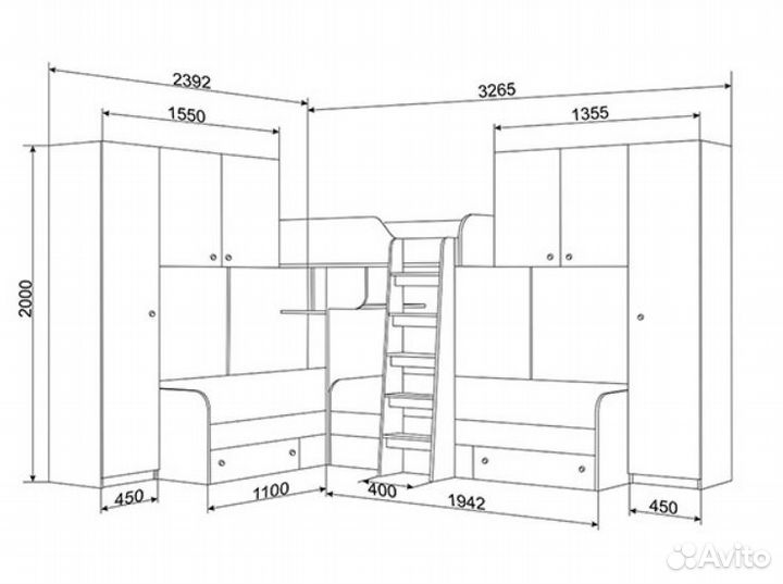 Кровать Трио со шкафами Дуб Молочный/ Салатовый