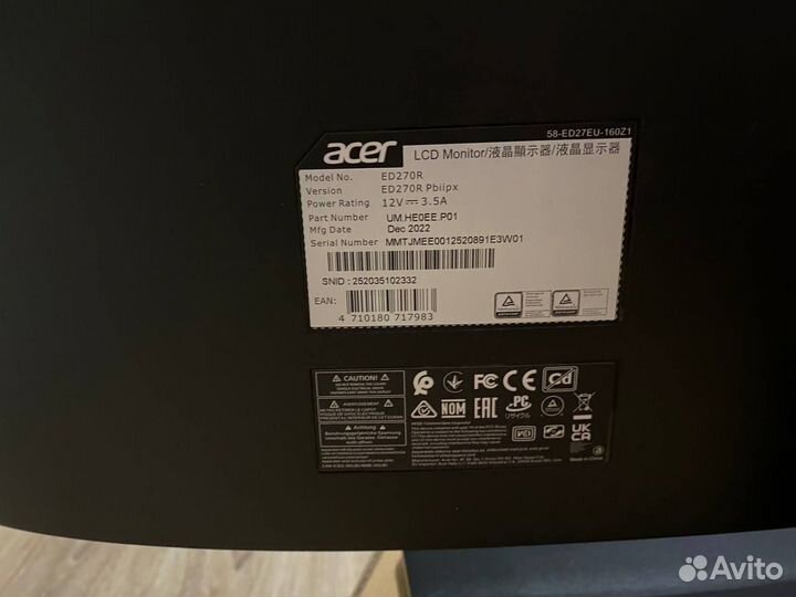 Монитор Acer ED270RPbiipx Black 165Hz, 27, 1920x10