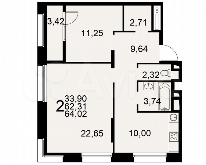 2-к. квартира, 64 м², 2/25 эт.