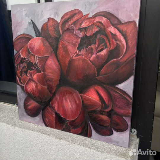 Картина маслом на холсте 50х50. Пионы