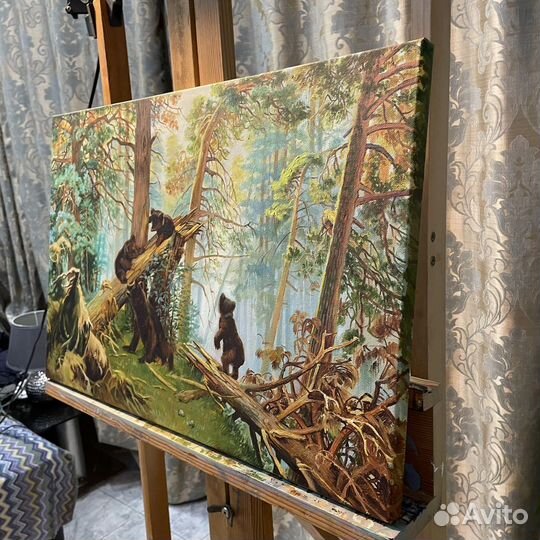 Картина маслом утро в сосновом лесу