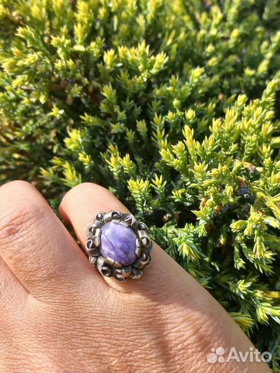 Серебряное кольцо, природный чароит, винтаж