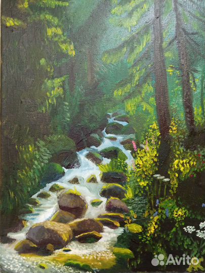 Лесной ручей. Картина маслом 30*60