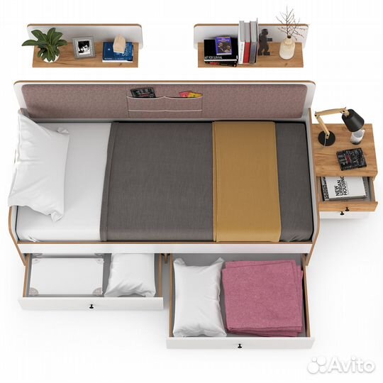 Кровать с ящиками с двумя открытыми полками Вуди и тумба, цвет белый премиум/дуб крафт золотой/саван