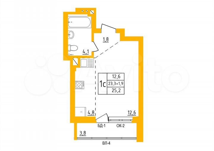 Квартира-студия, 25,2 м², 4/27 эт.