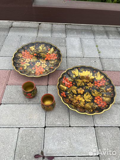 Тарелка, 2 бокала хохлома, ложка хохлома